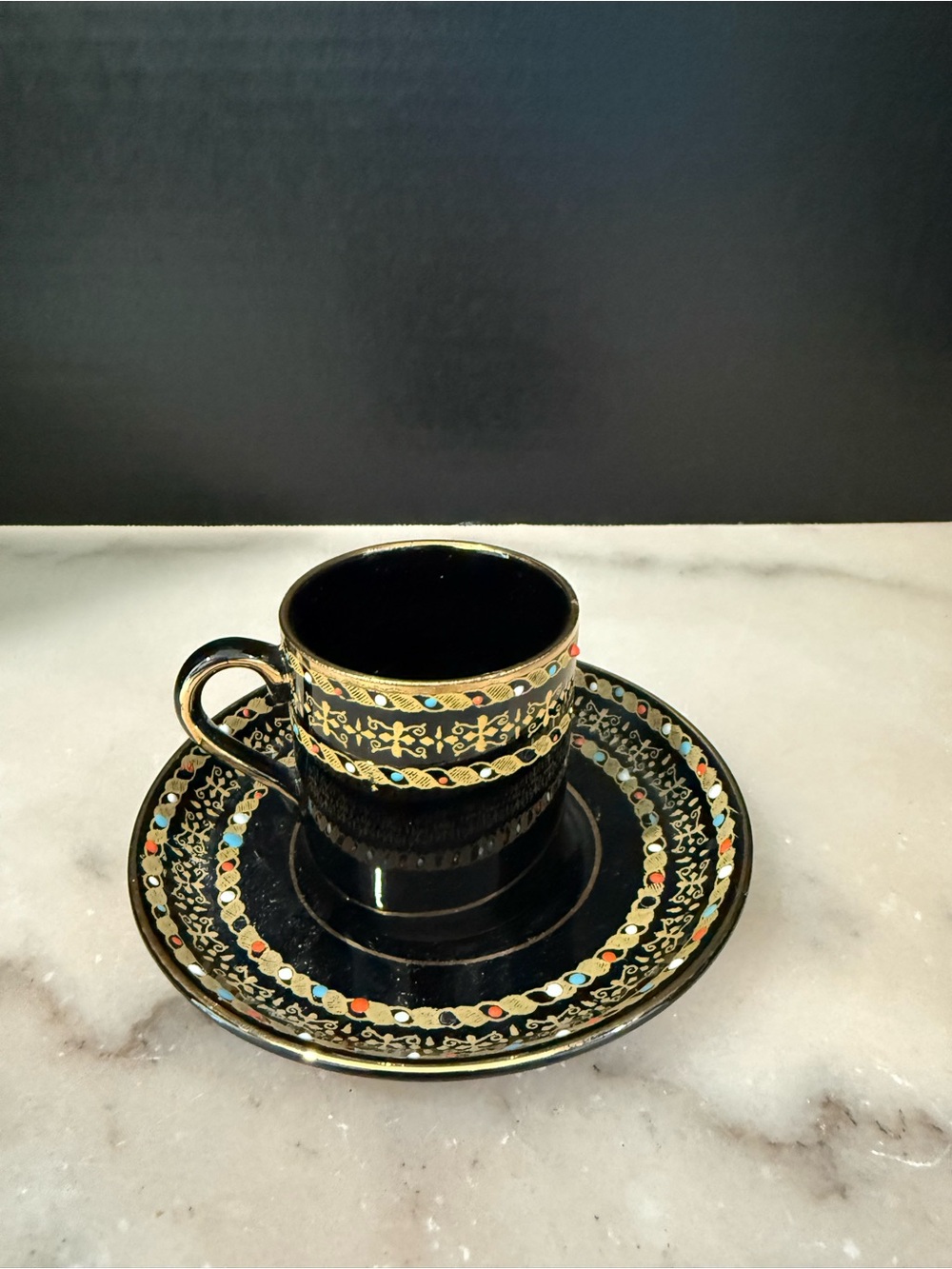 Gibson & Sons Demitasse Cup & Saucer Set Black & Gold with Enameled dots